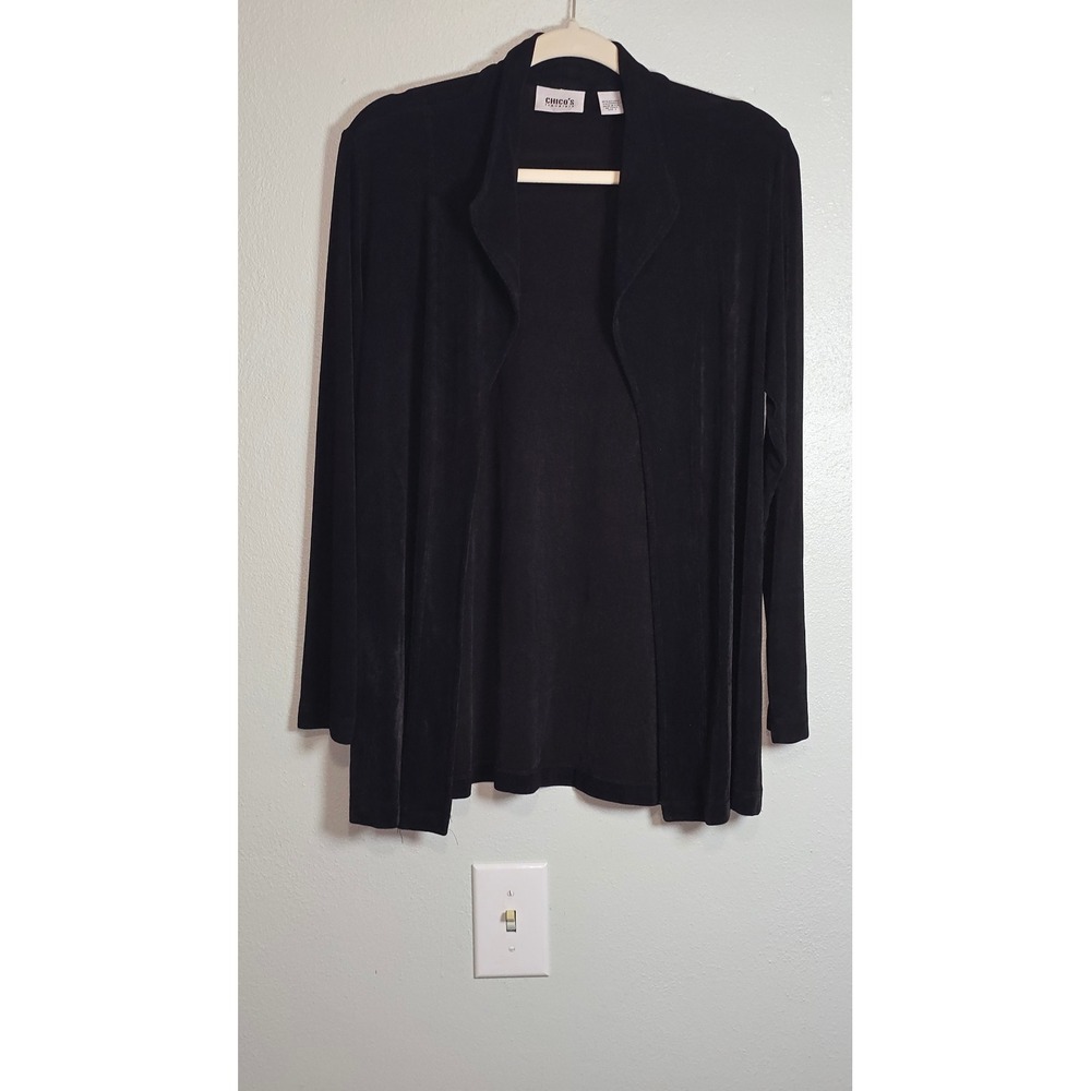 Chicos Travelers Black Open Front Cardigan Slinky Knit Jacket Size 1 M L luxury